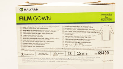 Halyard 69490 Film Gown Blue Universal Size, Thumb Hooks (x) - Box of 15